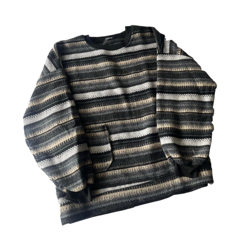 Cozy Black and Gray Crewneck Sweater with Stripes